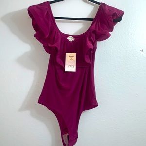 Misa Los Angeles Fuchsia Ruffle Shoulder Bodysuit
